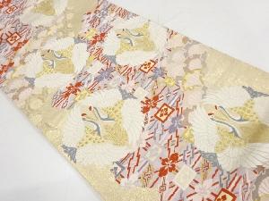 リサイクル　向かい鶴に若松・花模様織出し袋帯